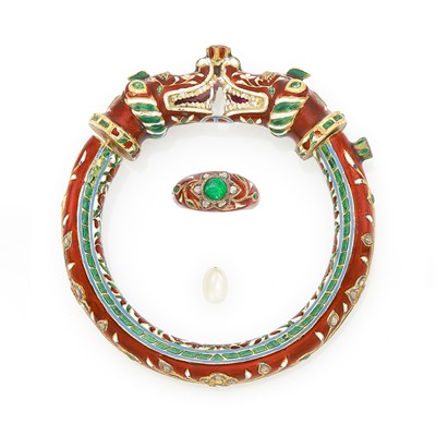 Lot 1117 - Indian Gold, Multicolored Enamel and Diamond Animal Head Bangle Bracelet and Cabochon Emerald Ring