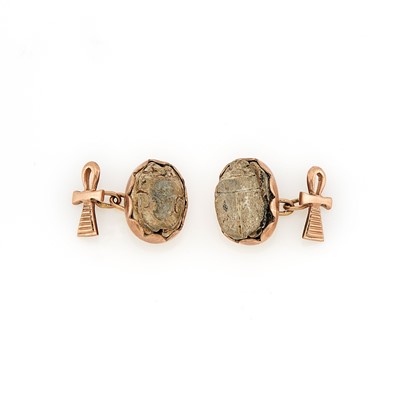Lot 1108 - Pair of Low Karat Gold and Carved Hardstone Scarab Cufflinks