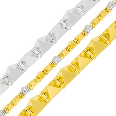 Lot 35 - Pair of Two-Color Gold Pyramid Bracelets and Gold and Diamond Bracelet