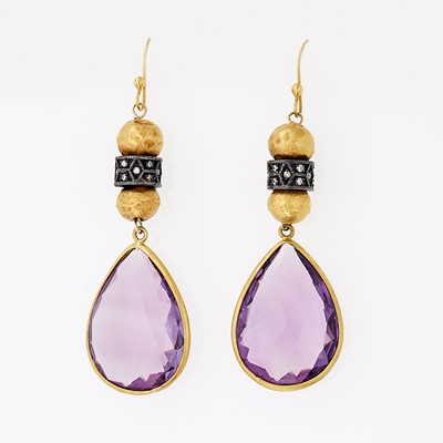 Lot 1178 - Pair of Gold, Hammered Gold, Oxidized Silver, Amethyst and Diamond Pendant-Earrings