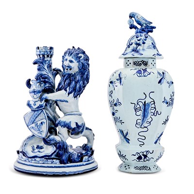 Lot 394 - Delft Lion & Delft Blue and White Covered Vase