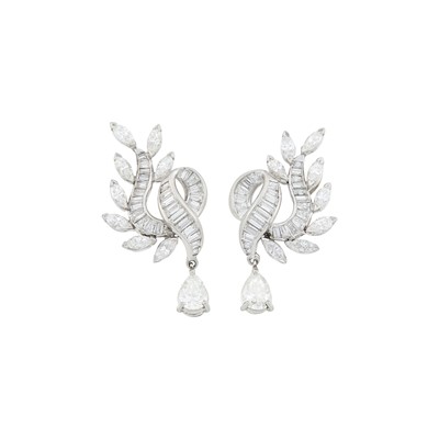 Lot 63 - Pair of Platinum and Diamond Pendant-Earrings