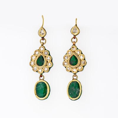 Lot 1190 - Pair of High Karat Gold, Jaipur Enamel, Foil-Backed Diamond and Emerald Pendant-Earrings