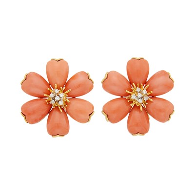 Lot 1192 - Pair of Gold, Coral and Diamond Flower Earclips