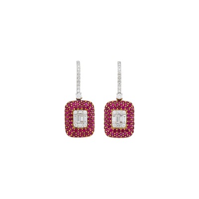 Lot 1103 - Pair of Two-Color Gold, Ruby and Diamond Pendant-Earrings