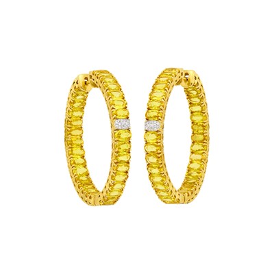 Lot 127 - Pair of Gold, Yellow Sapphire and Diamond Hoop Earrings