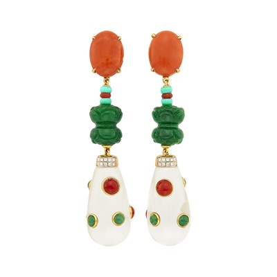 Lot 1017 - Pair of Gold, Rock Crystal, Carved Green Agate, Coral and Turquoise Pendant-Earclips