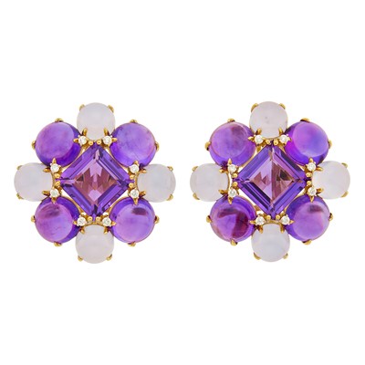 Lot 1177 - Pair of Gold, Amethyst, Chalcedony and Diamond Cluster Earclips