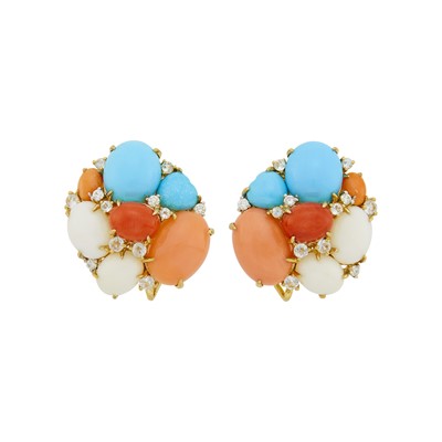 Lot 1015 - Pair of Gold, Cabochon Multicolored Coral, Turquoise, Topaz and Diamond Cluster Earclips
