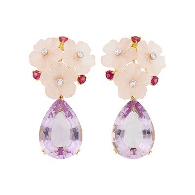 Lot 109 - Pair of Gold, Carved Rose Quartz, Pink Tourmaline, Amethyst and Diamond Flower Pendant-Earclips