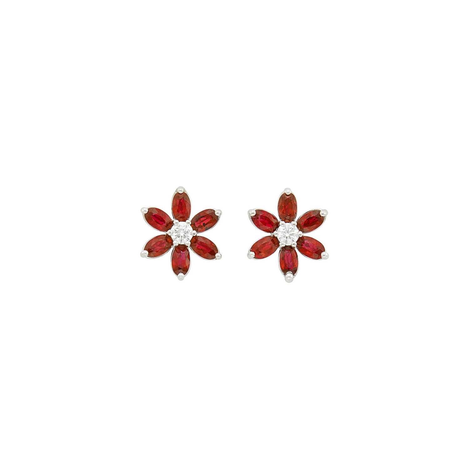 Lot 57 - Pair of Platinum, Ruby and Diamond Floret Earrings