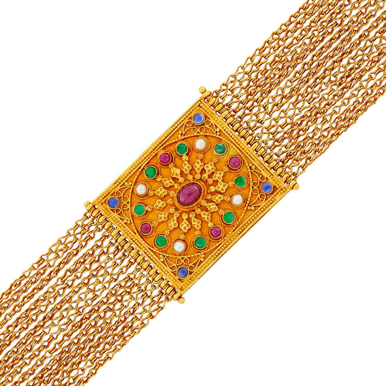 Lot 1175 - Indian Multistrand Gold, Cabochon Colored Stone and Split Pearl Bracelet