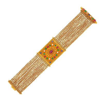 Lot 1175 - Indian Multistrand Gold, Cabochon Colored Stone and Split Pearl Bracelet
