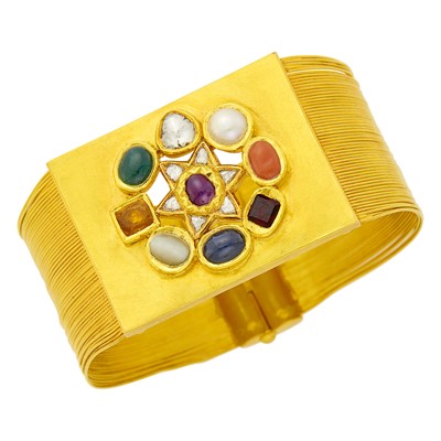 Lot 14 - Multistrand Gold Wire, Diamond and Gem-Set Cuff Bracelet