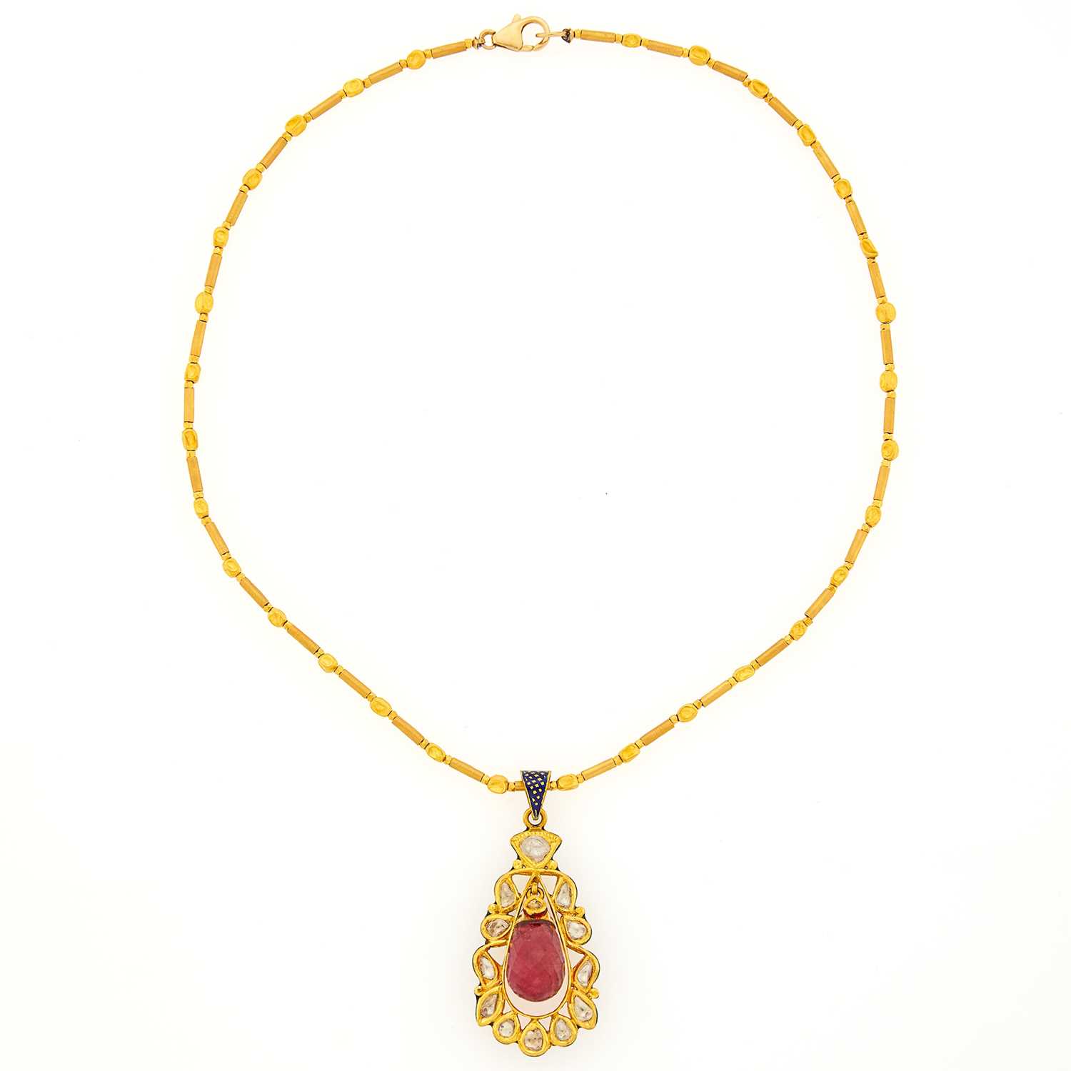 Lot 1189 - Indian Gold, Pink Tourmaline, Diamond and Jaipur Enamel Pendant-Necklace