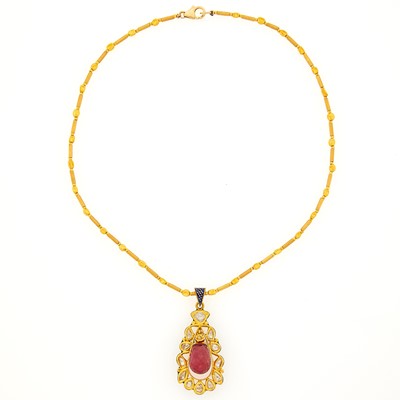 Lot 1189 - Indian Gold, Pink Tourmaline, Diamond and Jaipur Enamel Pendant-Necklace