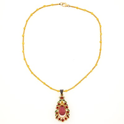 Lot 1189 - Indian Gold, Pink Tourmaline, Diamond and Jaipur Enamel Pendant-Necklace