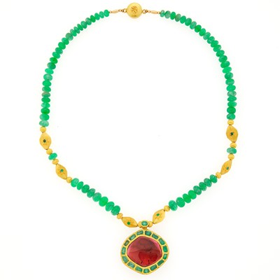 Lot 1191 - Indian Gold, Emerald Bead, Foil-Backed Pink Tourmaline and Jaipur Enamel Pendant-Necklace