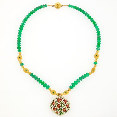 Lot 1191 - Indian Gold, Emerald Bead, Foil-Backed Pink Tourmaline and Jaipur Enamel Pendant-Necklace