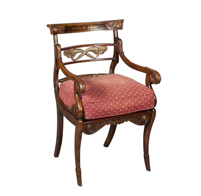 Lot 298 - Regency Style Brass Inlaid Stained Wood Armchair