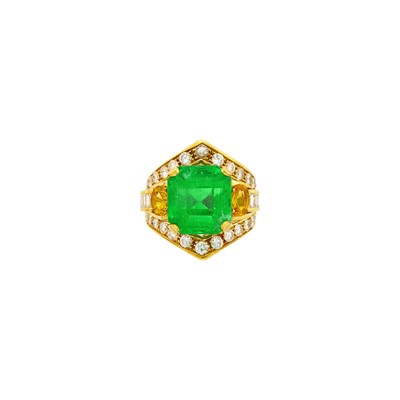 Lot 1199 - Gold, Emerald, Orange Sapphire and Diamond Ring
