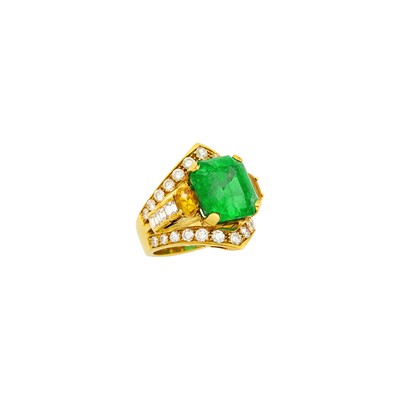 Lot 1199 - Gold, Emerald, Orange Sapphire and Diamond Ring