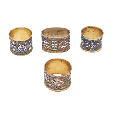 Lot 138 - Group of Four Russian Silver-Gilt and Cloisonné Enamel Napkin Rings