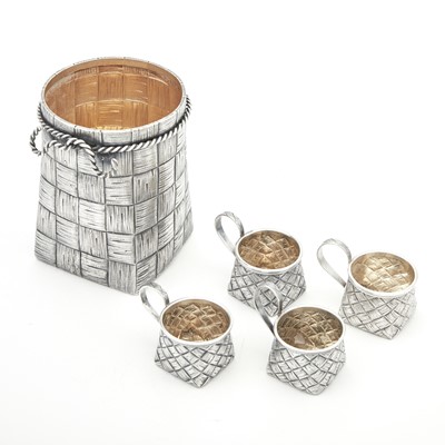Lot 26 - Russian Silver Trompe l’oeil Vodka Bottle Holder and Set of Four Cups
