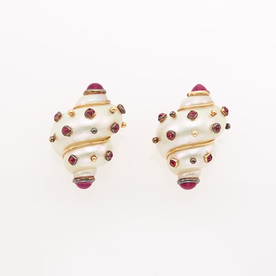 Lot 1003 - Maz Pair of Gold, Shell, Cabochon Ruby and Ruby Earclips