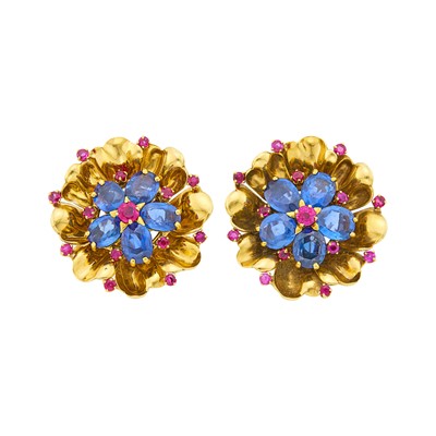Lot 211 - Pair of Gold, Sapphire and Ruby Flower Earclips