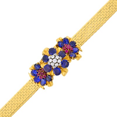 Lot 212 - Gold, Platinum, Sapphire, Ruby and Diamond Flower Bracelet-Watch