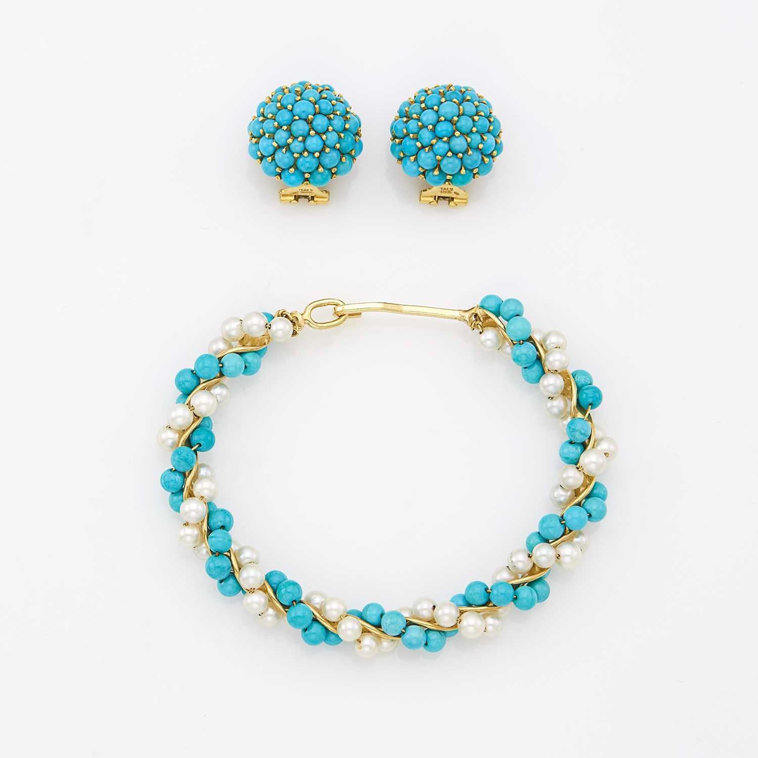Lot 1022 - Pair of Gold and Turquoise Earclips and Gold, Turquoise Bead and Cultured Pearl Bangle Bracelet