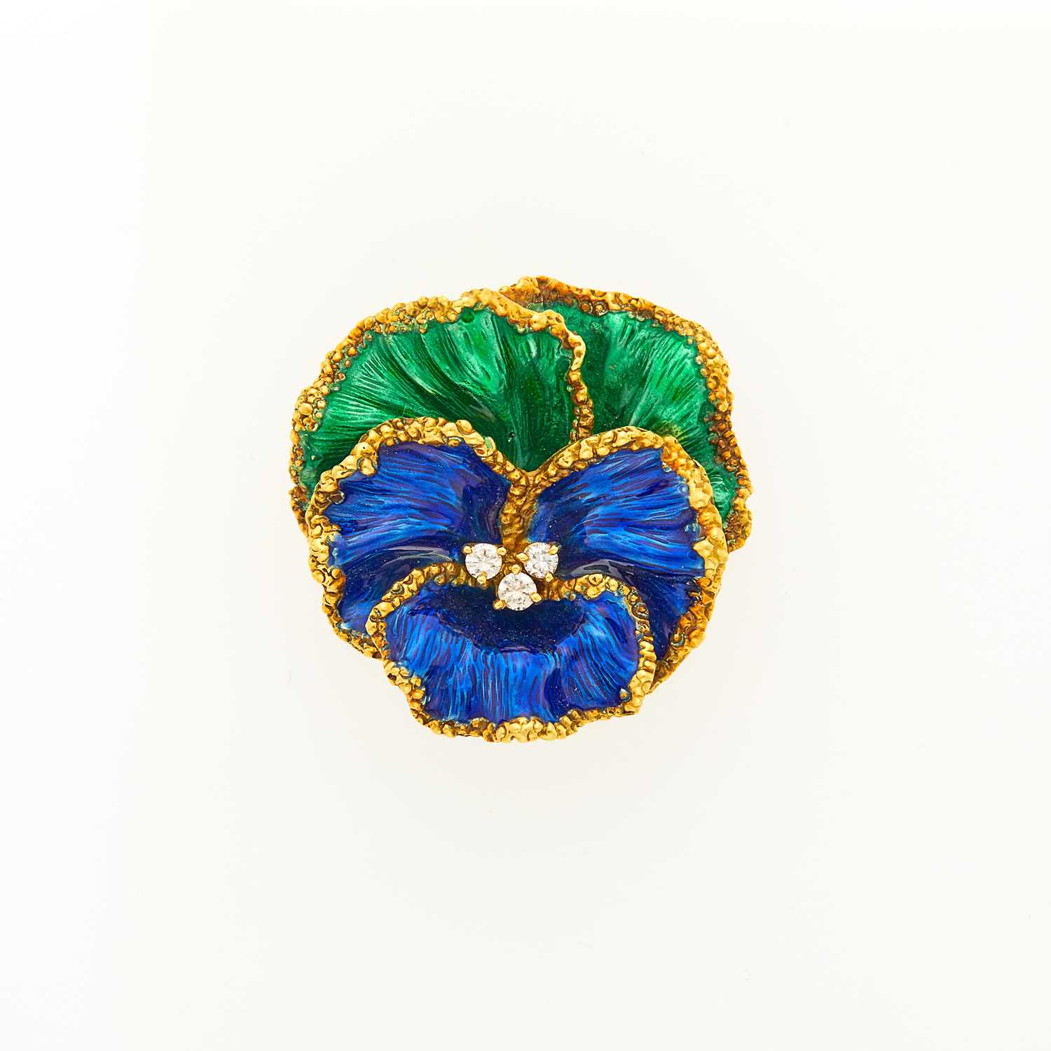 Lot 1016 - Gold, Blue and Green Enamel and Diamond Pansy Brooch