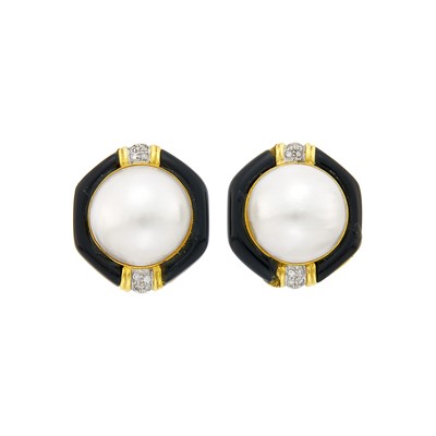 Lot 1111 - Pair of Gold, Mabé Pearl and Black Enamel Earclips