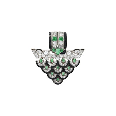 Lot 235 - Cartier Platinum, Black Enamel, Cabochon Emerald and Diamond Clip