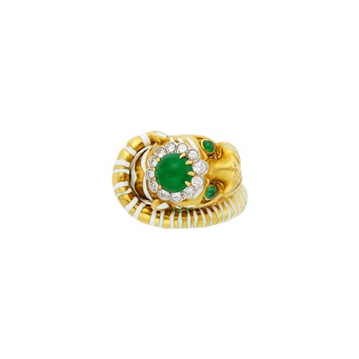 Lot 150 - David Webb Gold, Platinum, Cabochon Emerald, Diamond and White Enamel Tiger Ring