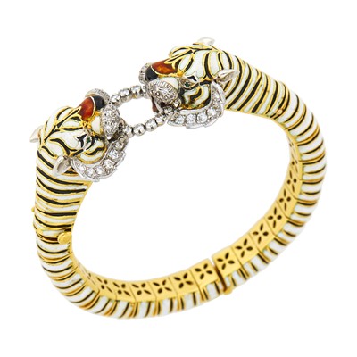 Lot 149 - Kutchinsky Two-Color Gold, Enamel and Diamond Tiger Bangle Bracelet