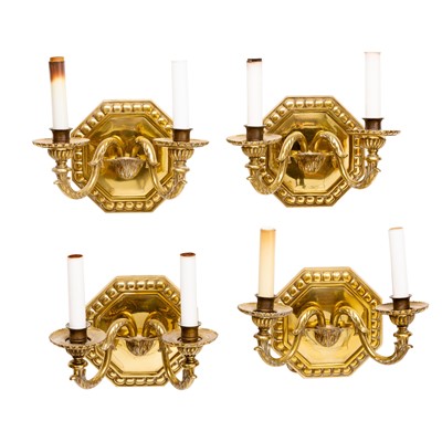 Lot 301 - Set of Four Brass Two-Light Sconces