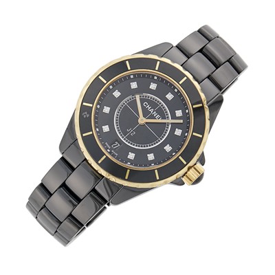 Lot 38 - Chanel Black Ceramic, Stainless Steel, Gold and Diamond 'J12' Wristwatch, Ref. 2544
