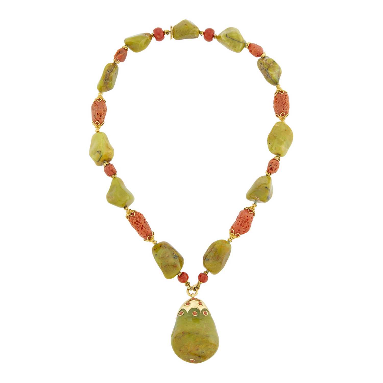 Lot 8 - Verdura Gold, Green Agate and Sponge Coral Bead Pendant-Necklace