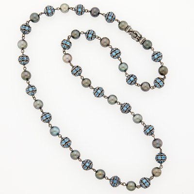Lot 1050 - David Yurman Blackened Sterling Silver, Tahitian Gray and Black Cultured Pearl, Blue Topaz and Diamond Necklace