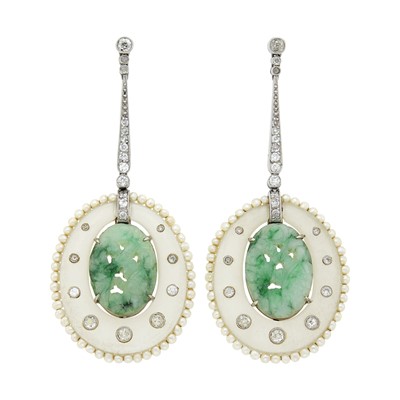 Lot 70 - Pair of Platinum, Carved Jade, Frosted Rock Crystal, Diamond and Seed Pearl Pendant-Earrings