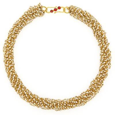Lot 1134 - Multistrand High Karat Gold, Seed Pearl and Cabochon Ruby Necklace