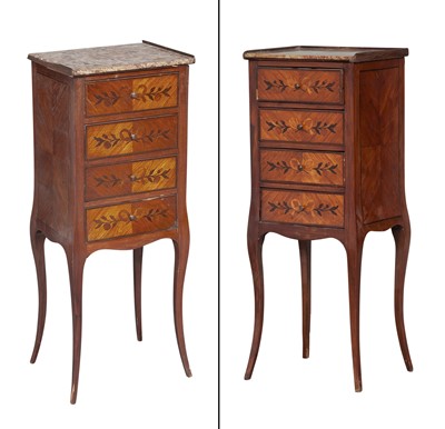 Lot 326 - Pair of Transitional Louis XV / XVI Style Inlaid Tulipwood Four-Drawer Chests