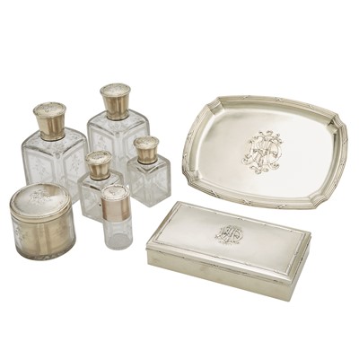 Lot 220 - French Sterling Silver Gilt and Etched Glass Dresser Set