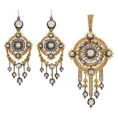 Lot 75 - Antique Two-Color Gold, Silver and Diamond Pendant-Brooch and Pair of Pendant-Earrings, France