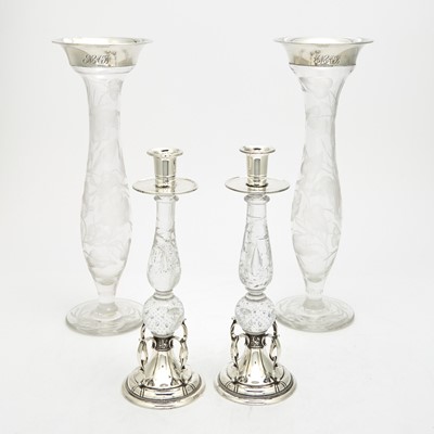Lot 113 - Pair of Reed & Barton Sterling Silver Mounted Tear Drop Glass Candlesticks