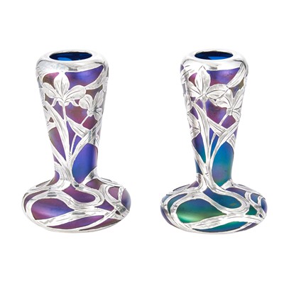 Lot 116 - Pair of Alvin Sterling Silver Overlay Bohemian Iridescent Glass Vases