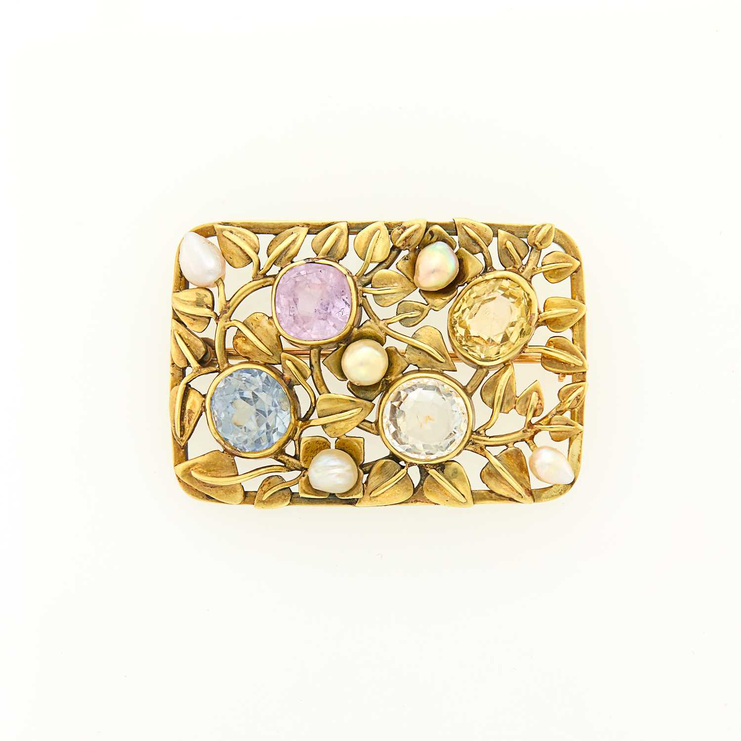 Lot 1147 - Arts and Crafts Green Gold, Multicolored Sapphire and Baroque Pearl Brooch