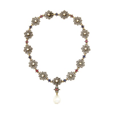 Lot 1131 - Antique Silver, Gold, Ruby, Sapphire and Pearl Pendant-Necklace